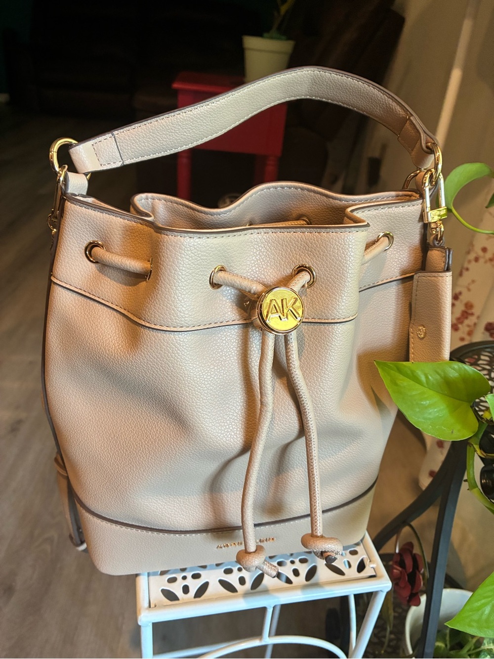 Anne Klein Beige Pebbled Leather Drawstring Bucket Shoulder Bag
